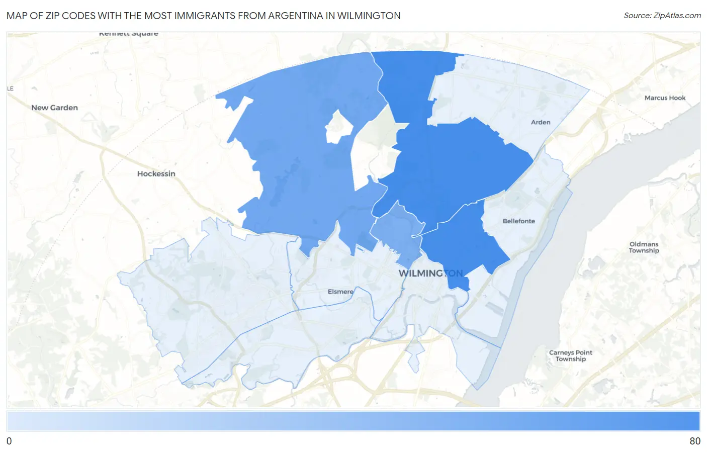 Zip Codes with the Most Immigrants from Argentina in Wilmington Map