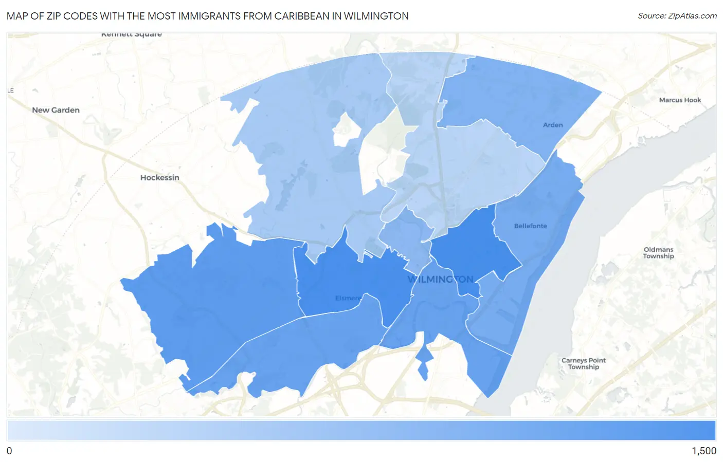 Zip Codes with the Most Immigrants from Caribbean in Wilmington Map