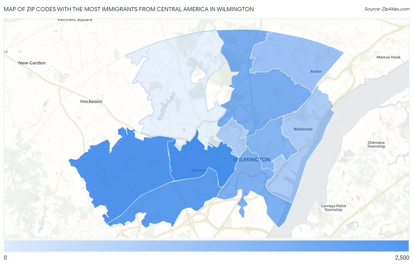 Zip Codes with the Most Immigrants from Central America in Wilmington Map
