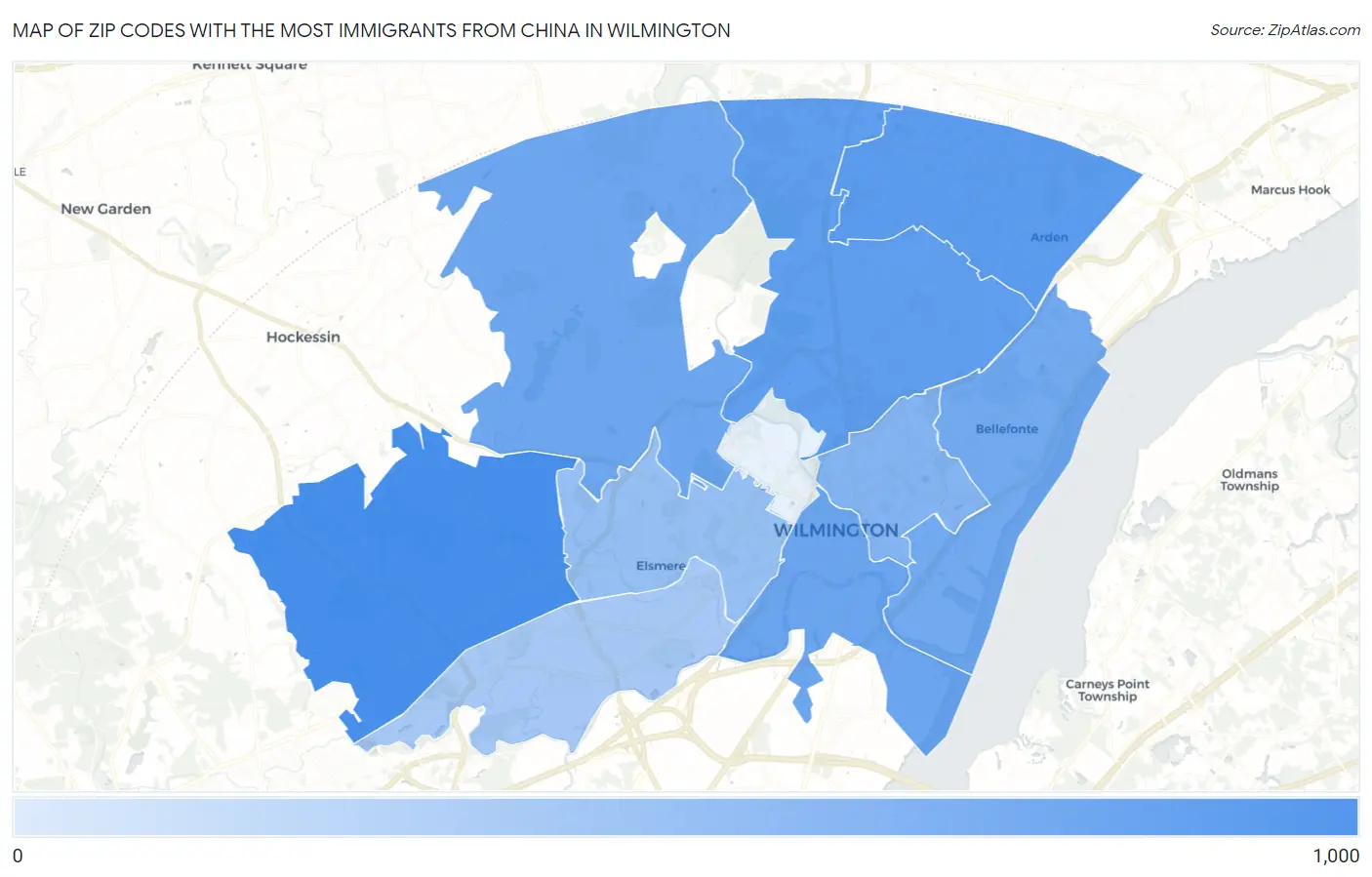 Zip Codes with the Most Immigrants from China in Wilmington Map
