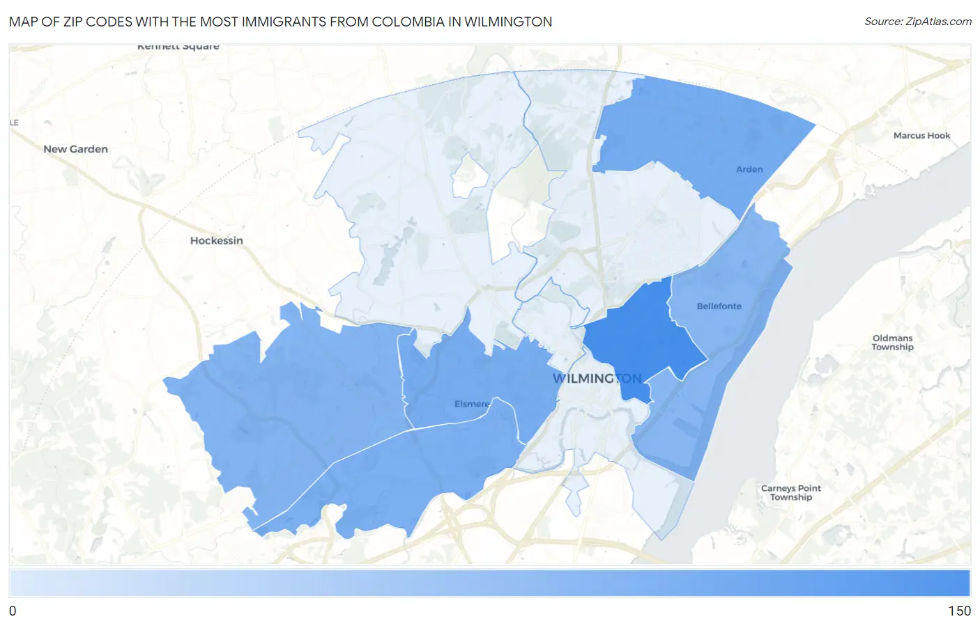 Zip Codes with the Most Immigrants from Colombia in Wilmington Map