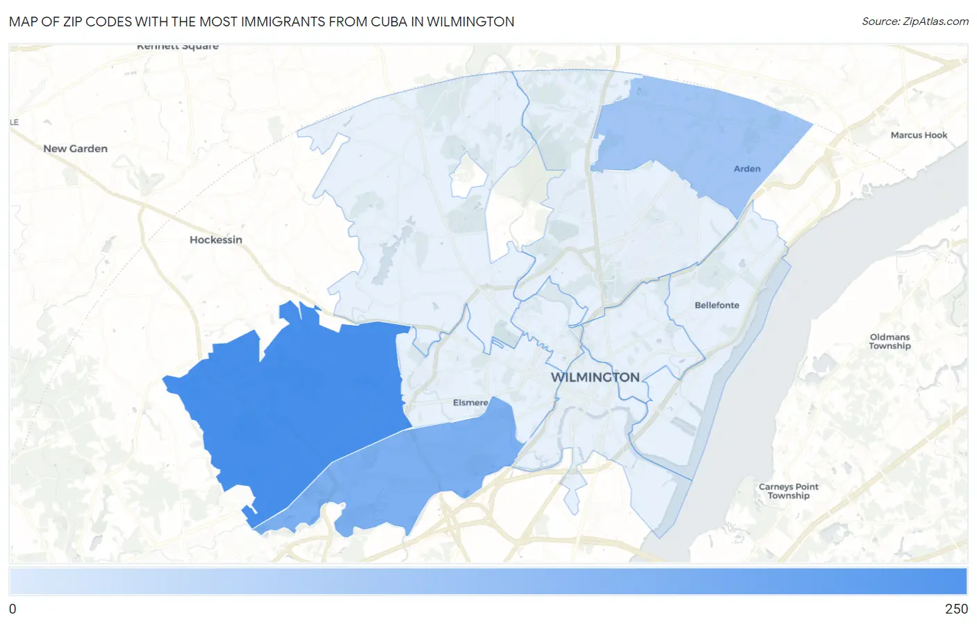 Zip Codes with the Most Immigrants from Cuba in Wilmington Map