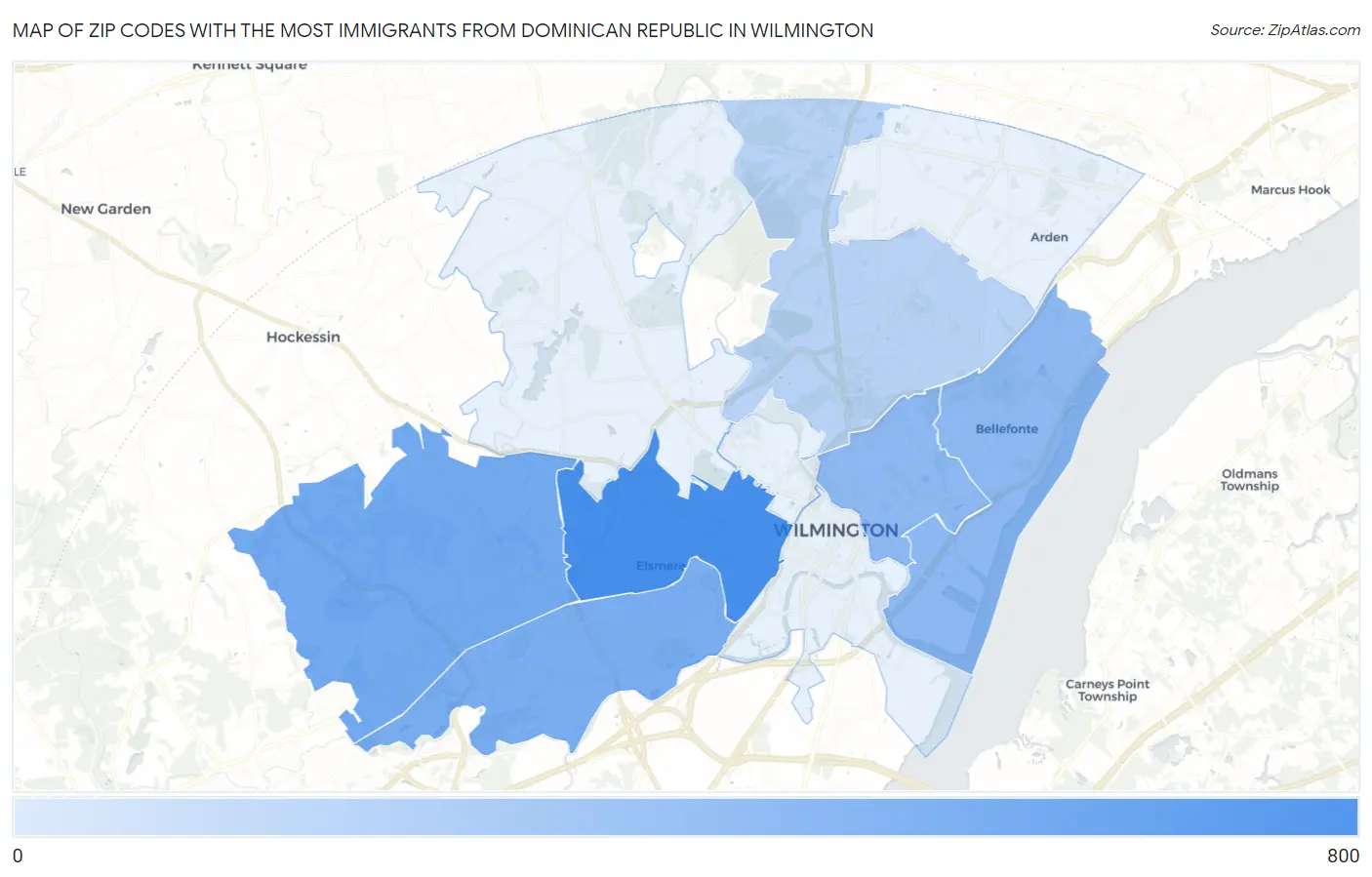 Zip Codes with the Most Immigrants from Dominican Republic in Wilmington Map