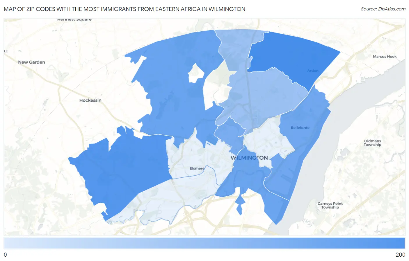 Zip Codes with the Most Immigrants from Eastern Africa in Wilmington Map