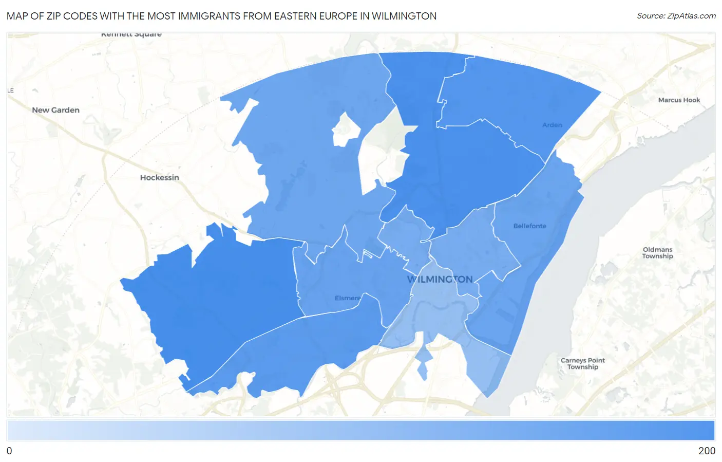 Zip Codes with the Most Immigrants from Eastern Europe in Wilmington Map