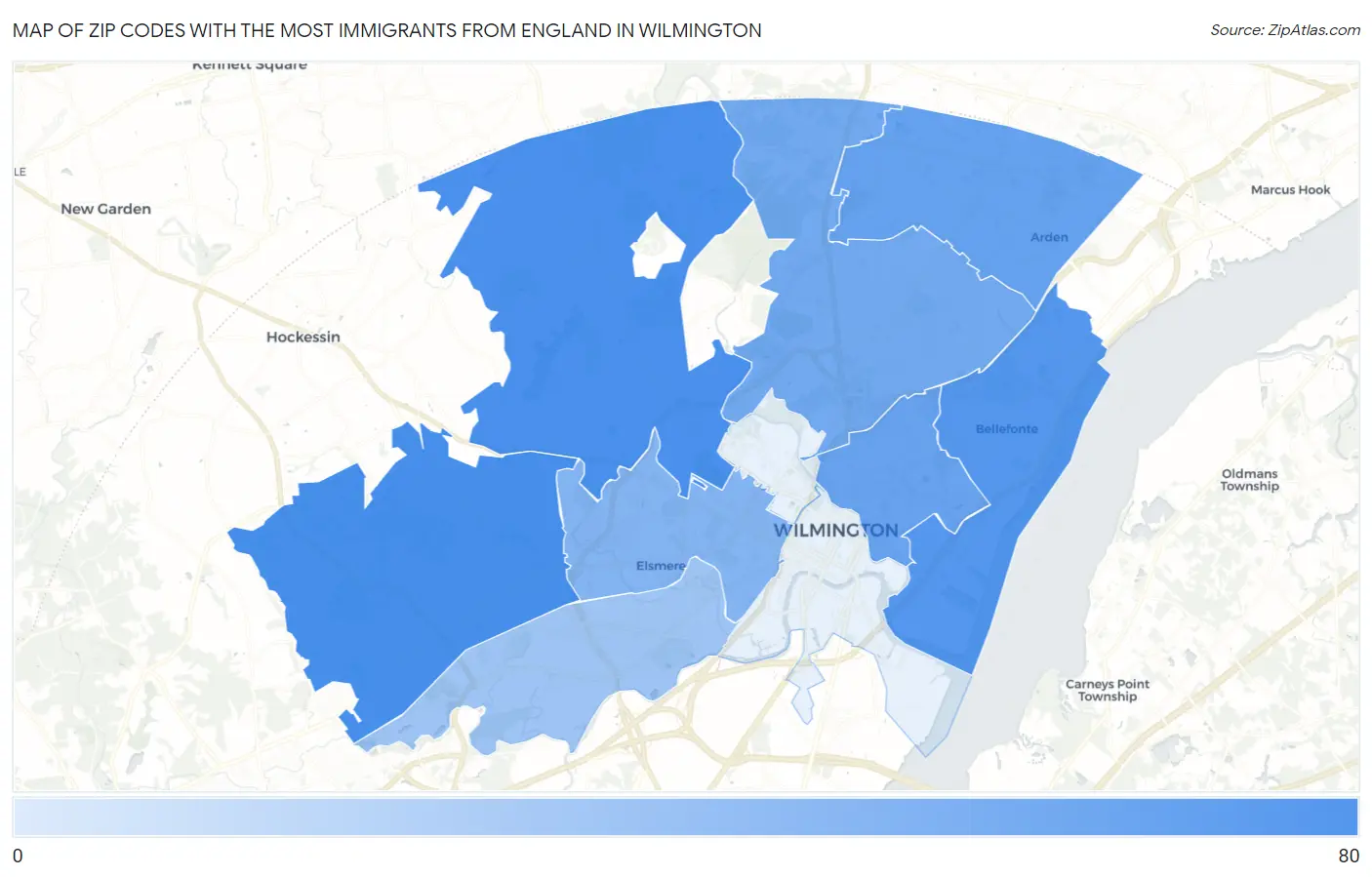 Zip Codes with the Most Immigrants from England in Wilmington Map