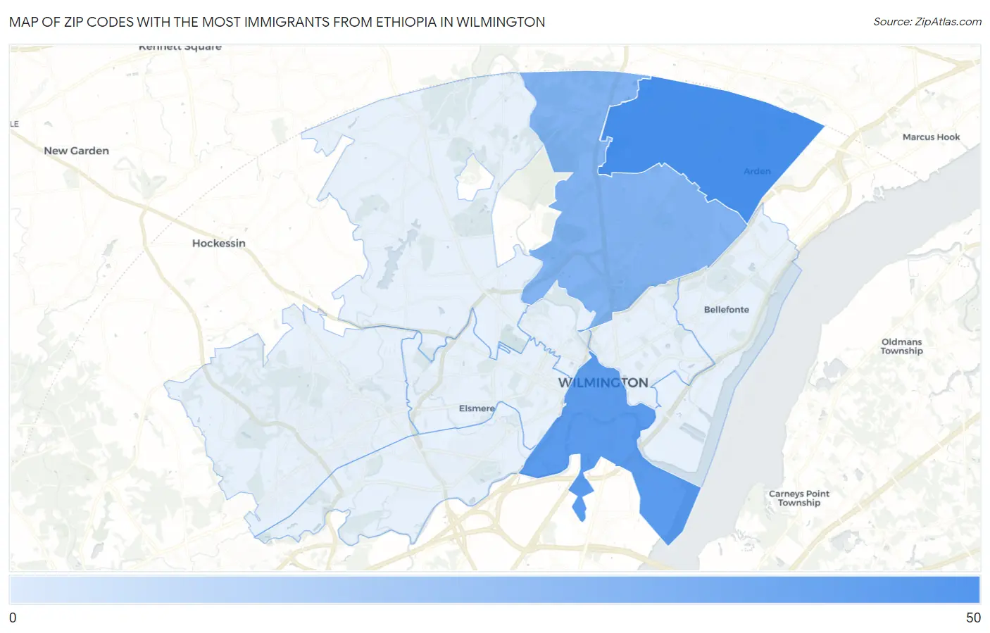 Zip Codes with the Most Immigrants from Ethiopia in Wilmington Map
