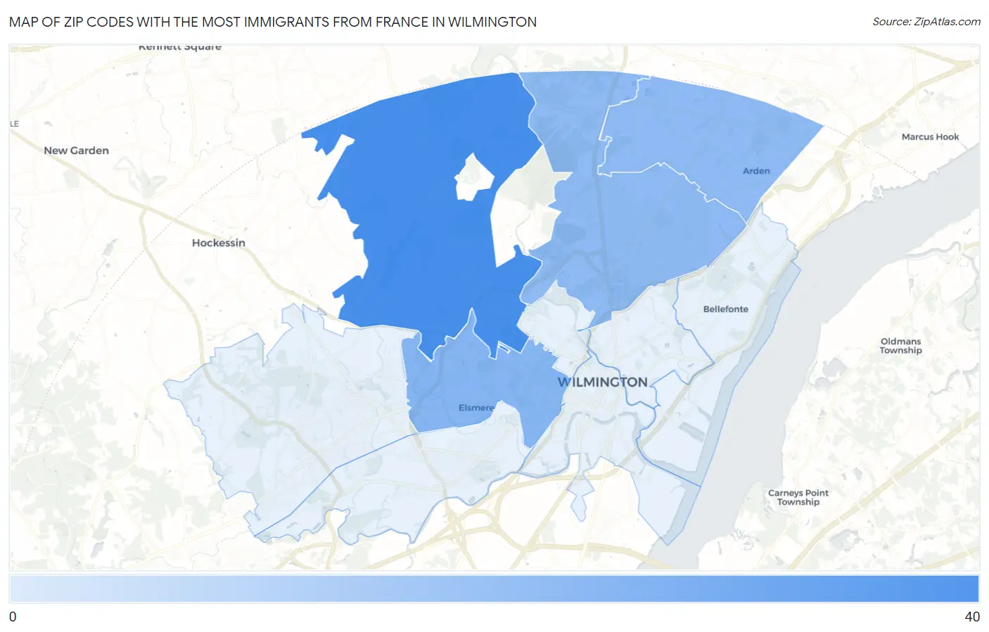 Zip Codes with the Most Immigrants from France in Wilmington Map