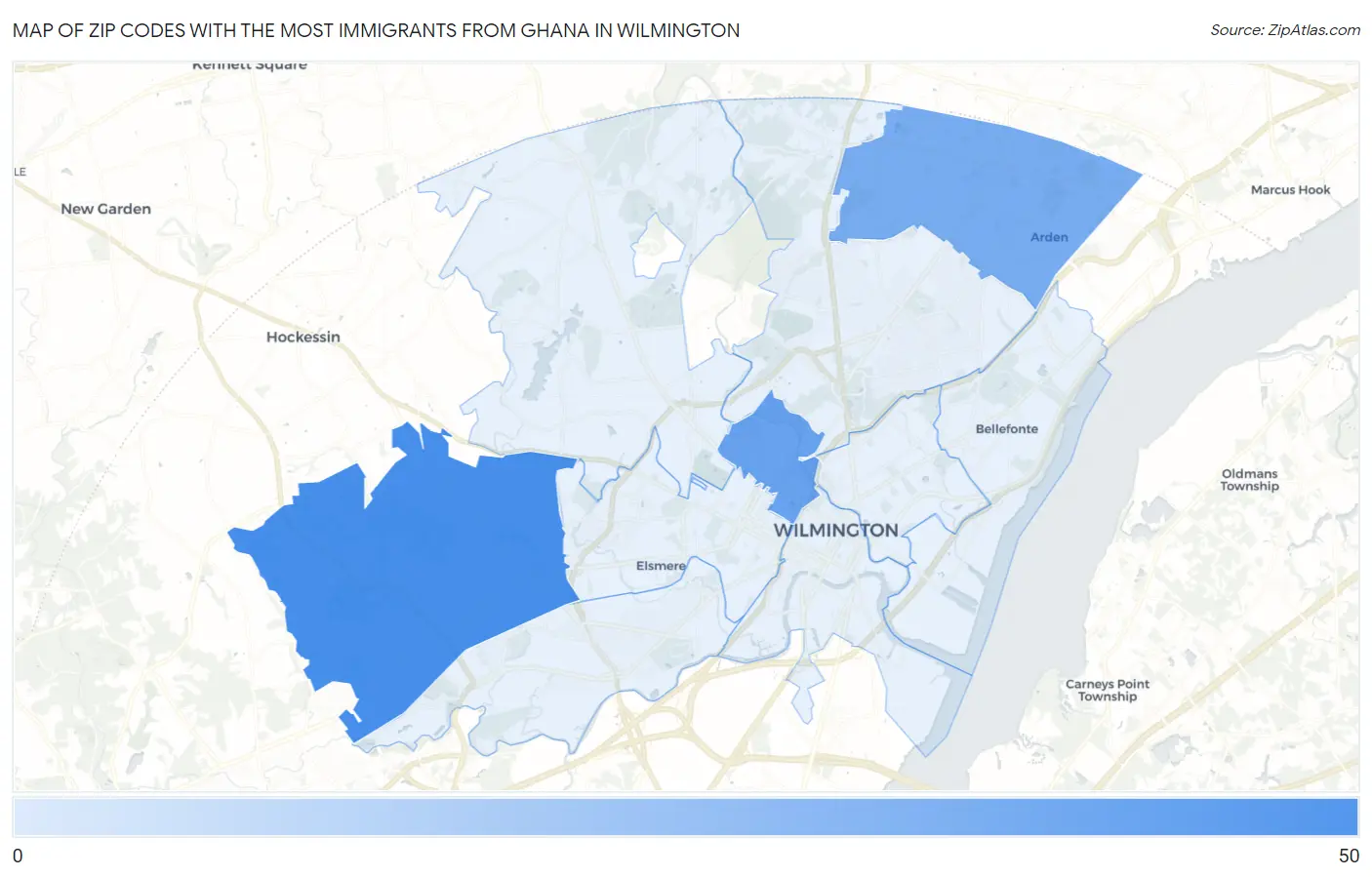 Zip Codes with the Most Immigrants from Ghana in Wilmington Map