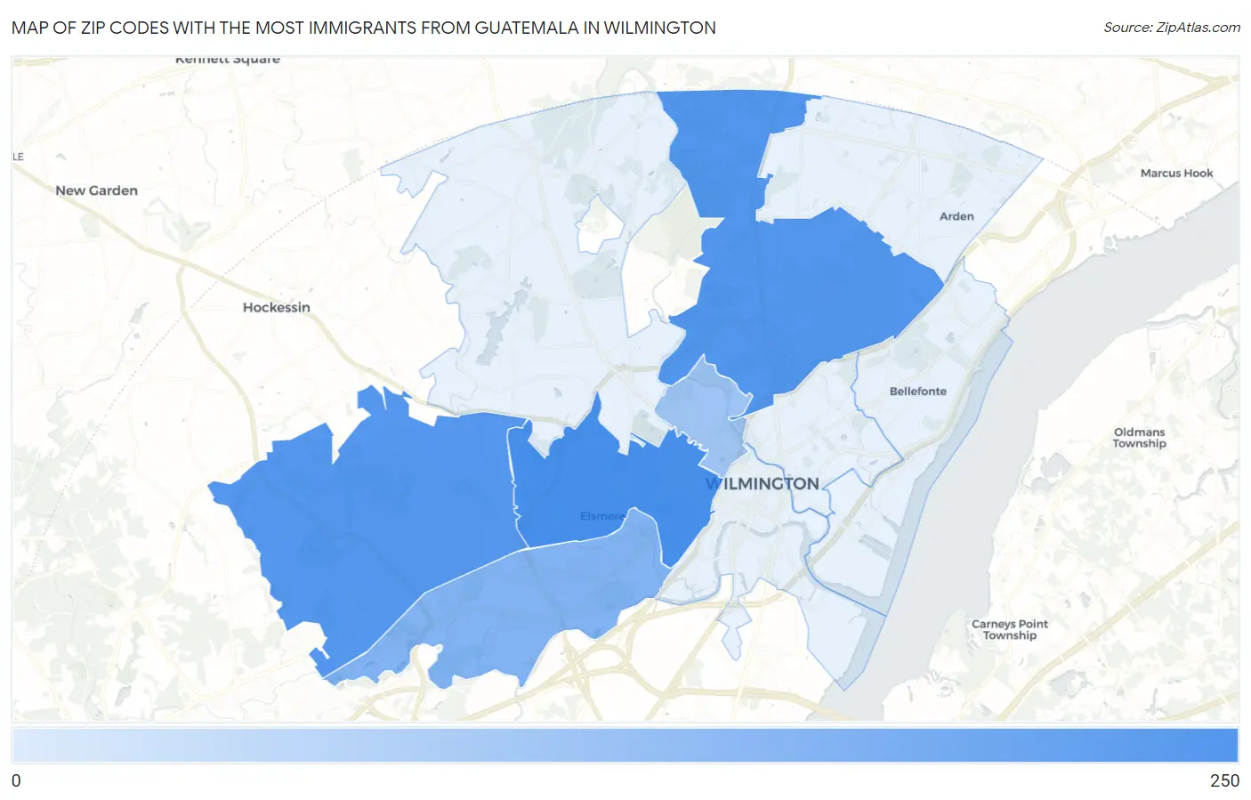 Zip Codes with the Most Immigrants from Guatemala in Wilmington Map