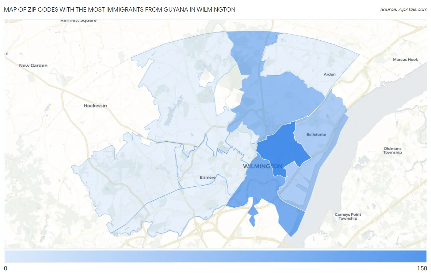 Zip Codes with the Most Immigrants from Guyana in Wilmington Map