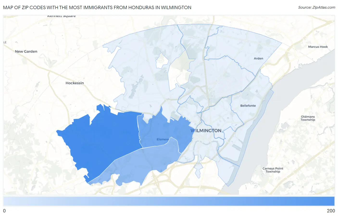 Zip Codes with the Most Immigrants from Honduras in Wilmington Map