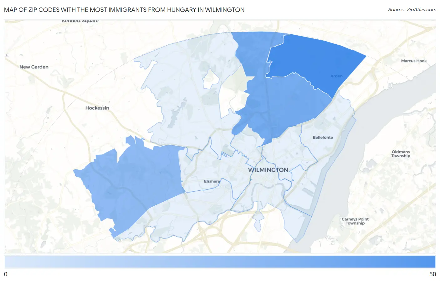 Zip Codes with the Most Immigrants from Hungary in Wilmington Map