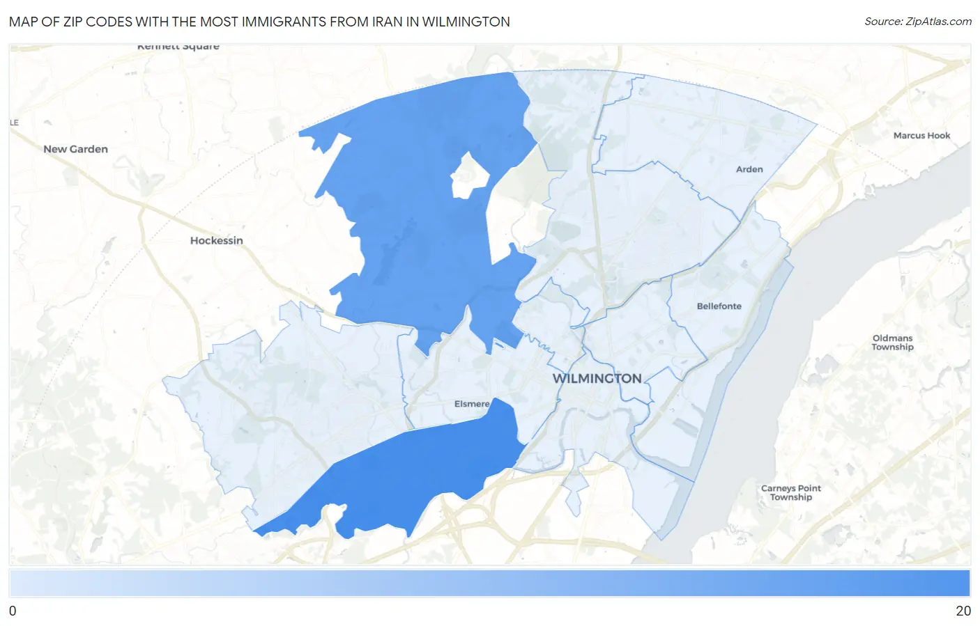 Zip Codes with the Most Immigrants from Iran in Wilmington Map
