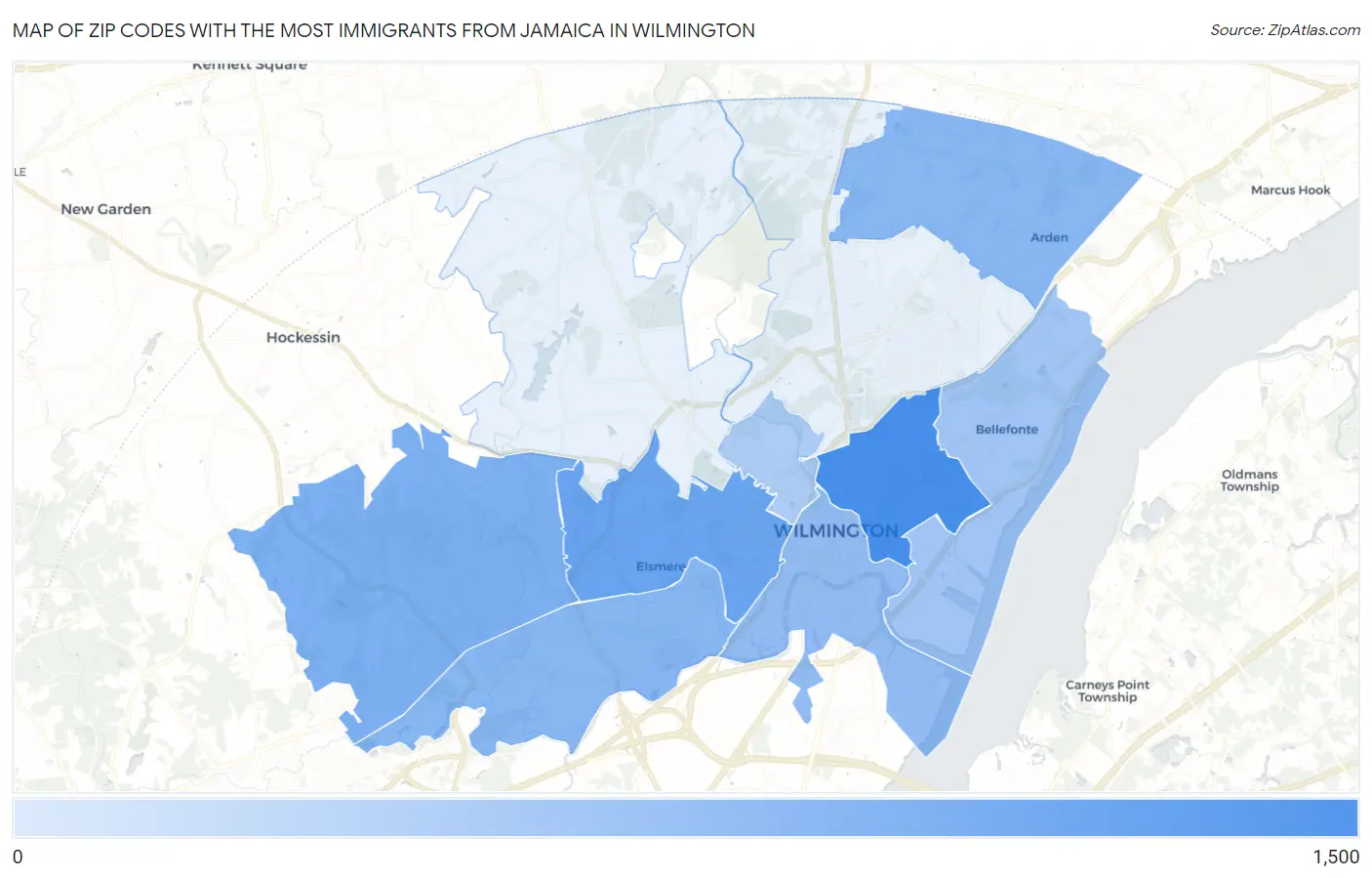 Zip Codes with the Most Immigrants from Jamaica in Wilmington Map