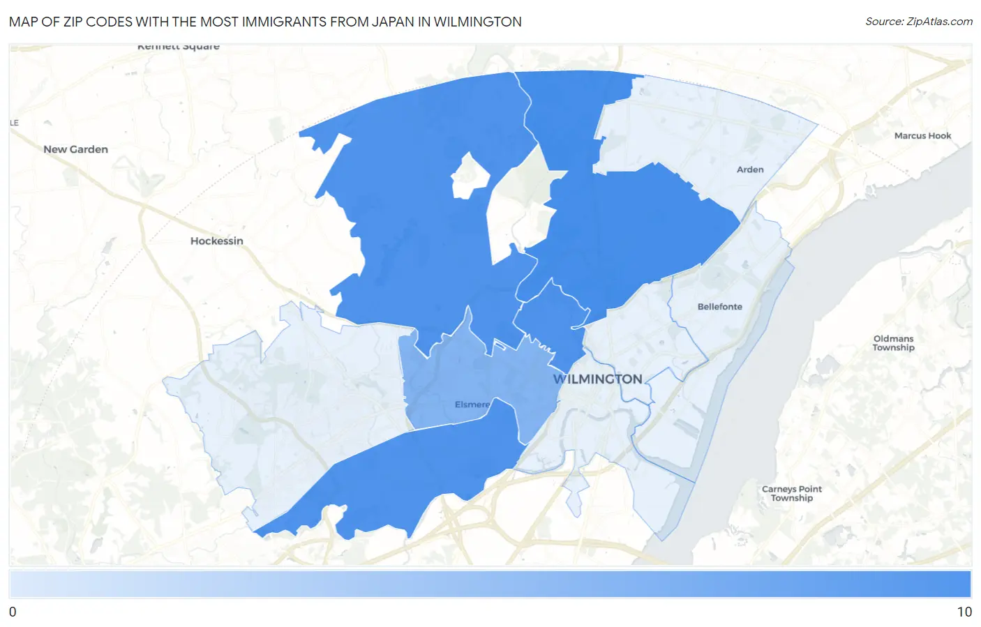 Zip Codes with the Most Immigrants from Japan in Wilmington Map