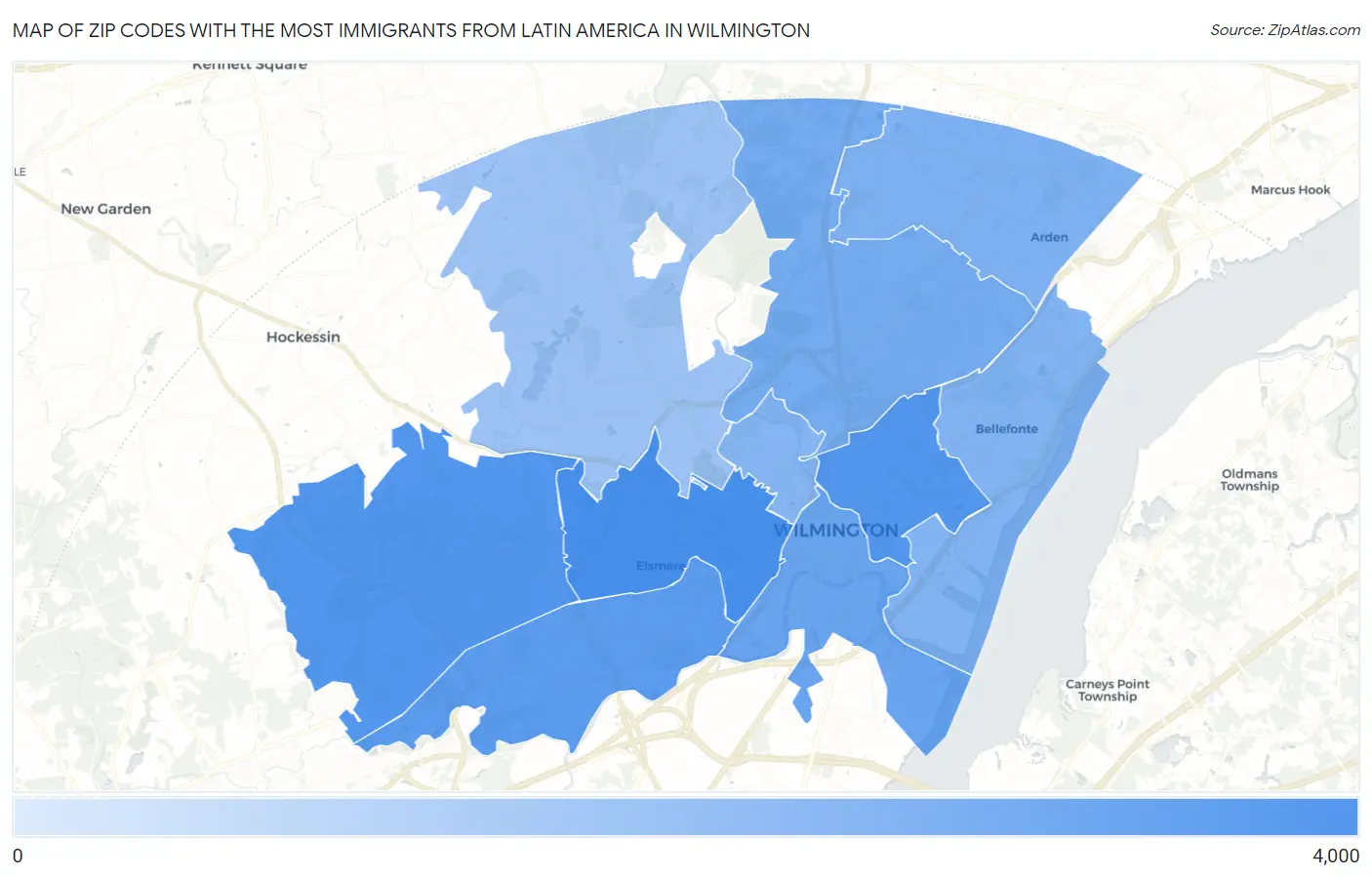 Zip Codes with the Most Immigrants from Latin America in Wilmington Map