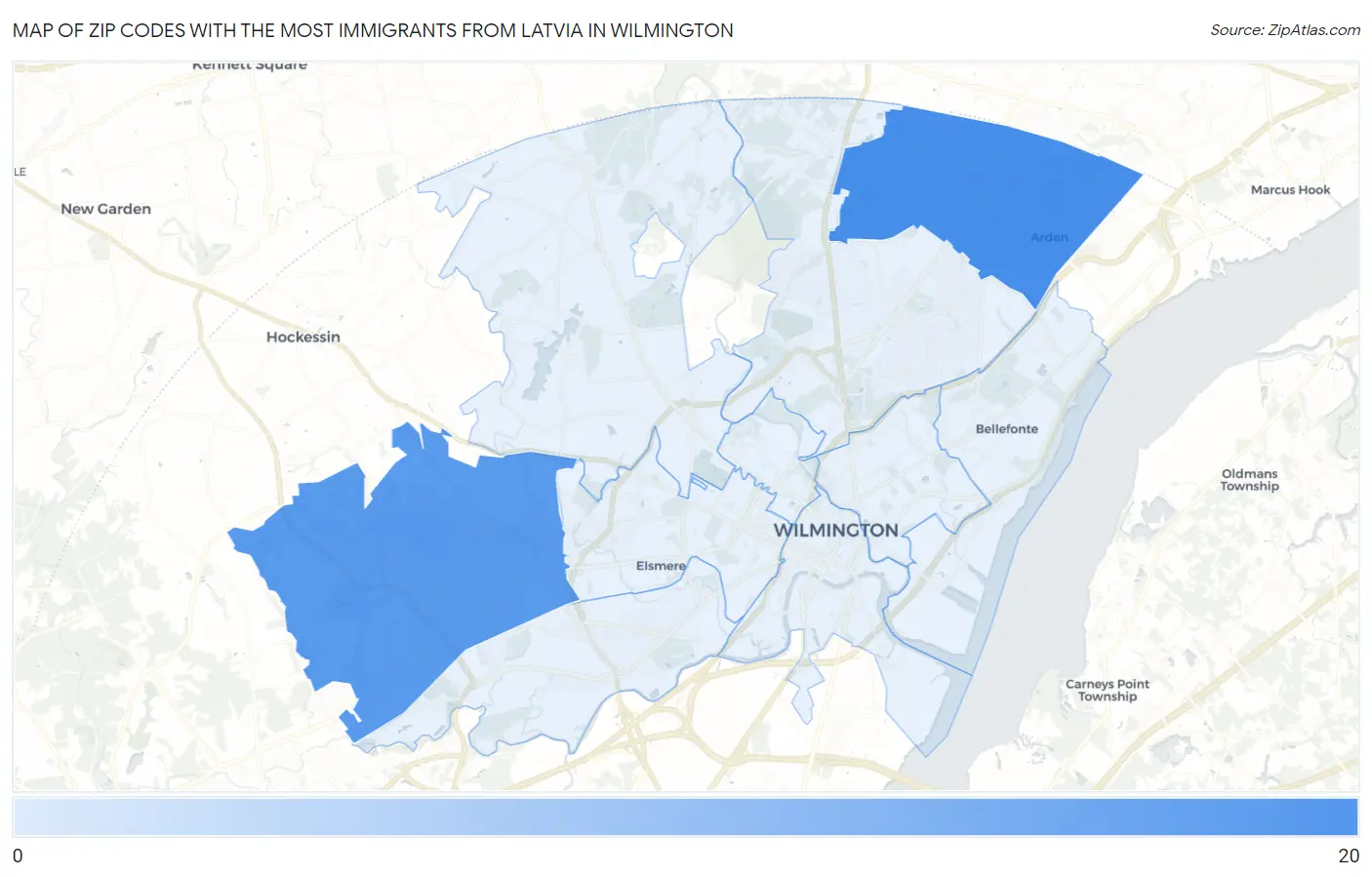 Zip Codes with the Most Immigrants from Latvia in Wilmington Map