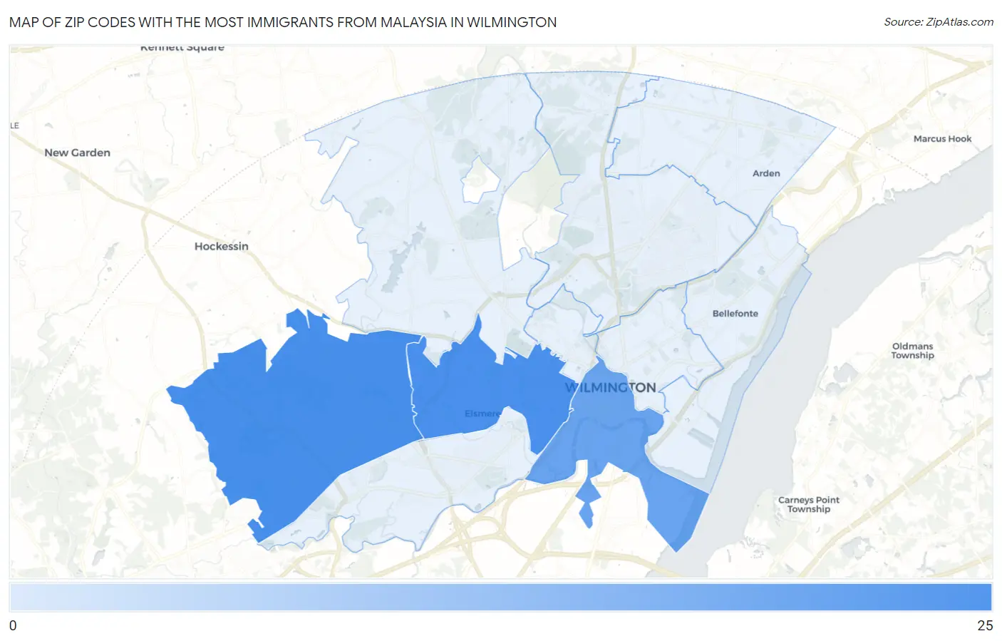Zip Codes with the Most Immigrants from Malaysia in Wilmington Map