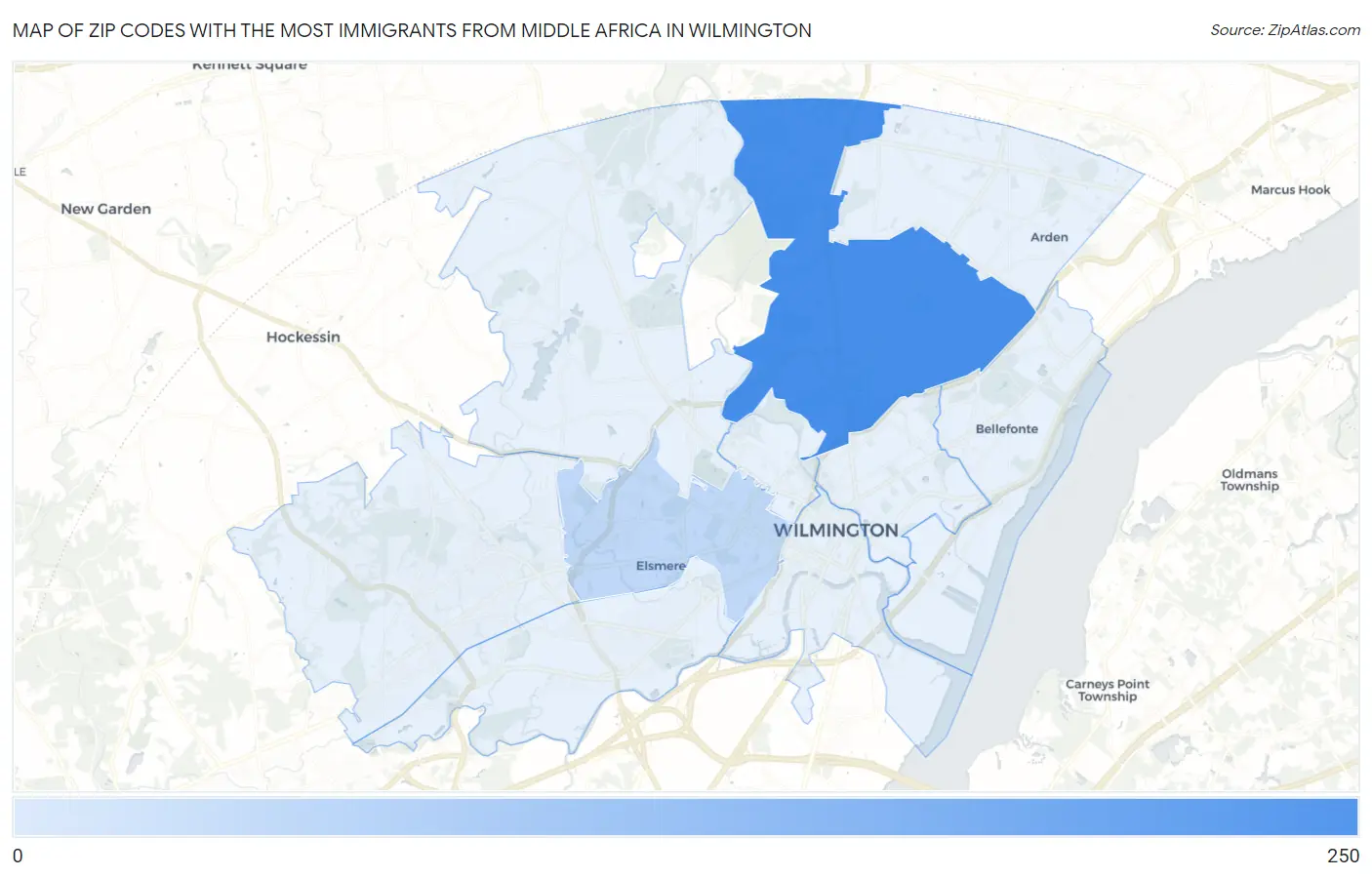 Zip Codes with the Most Immigrants from Middle Africa in Wilmington Map