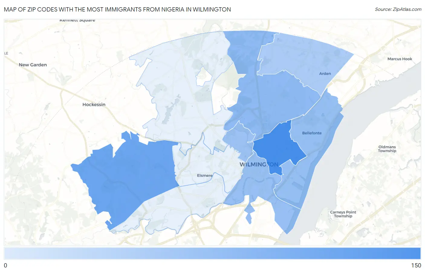Zip Codes with the Most Immigrants from Nigeria in Wilmington Map