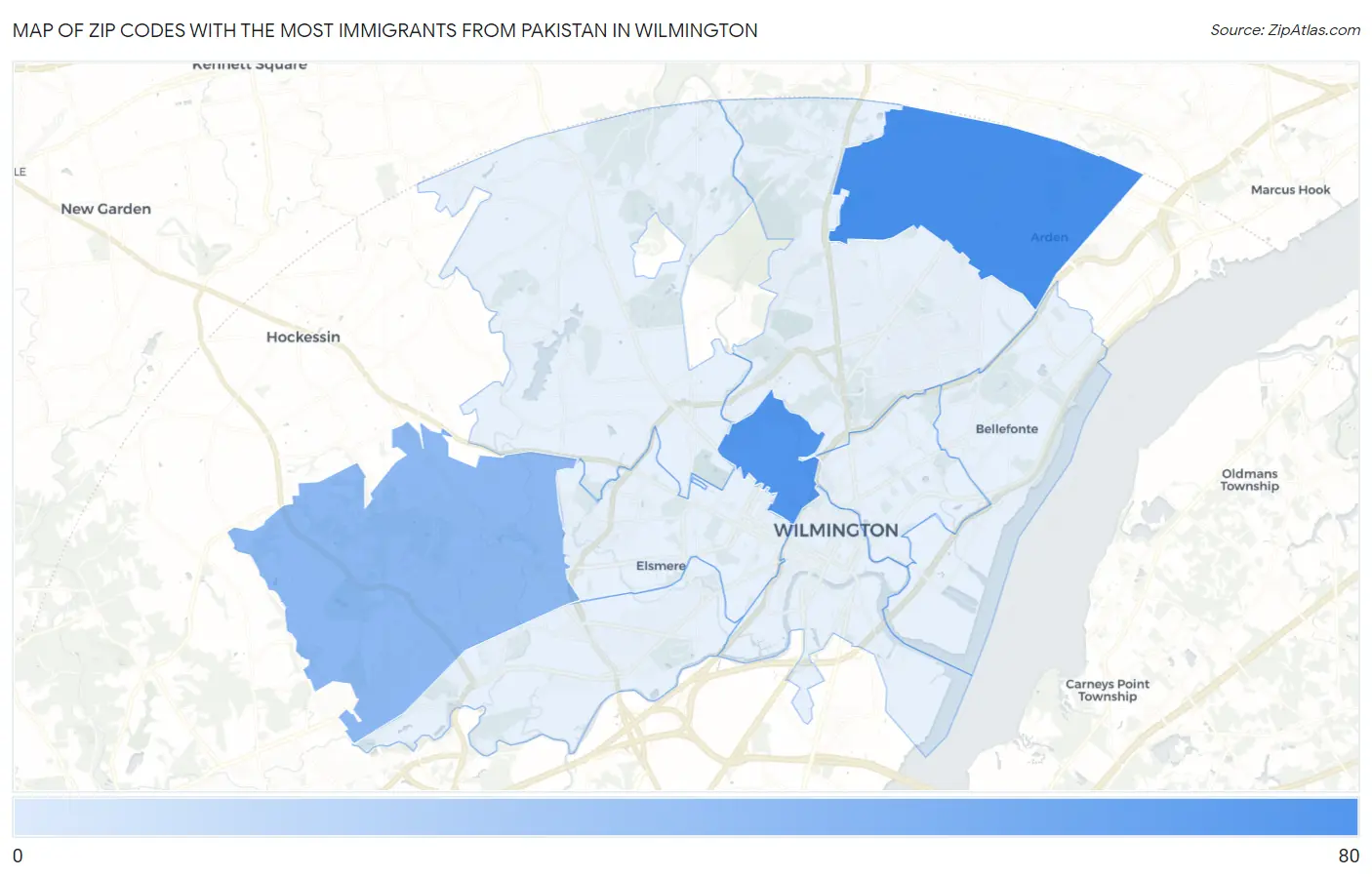Zip Codes with the Most Immigrants from Pakistan in Wilmington Map