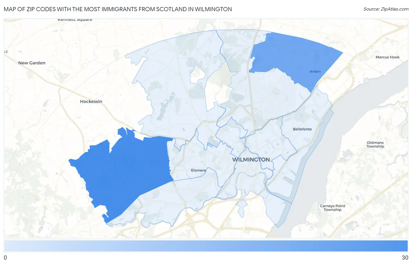 Zip Codes with the Most Immigrants from Scotland in Wilmington Map