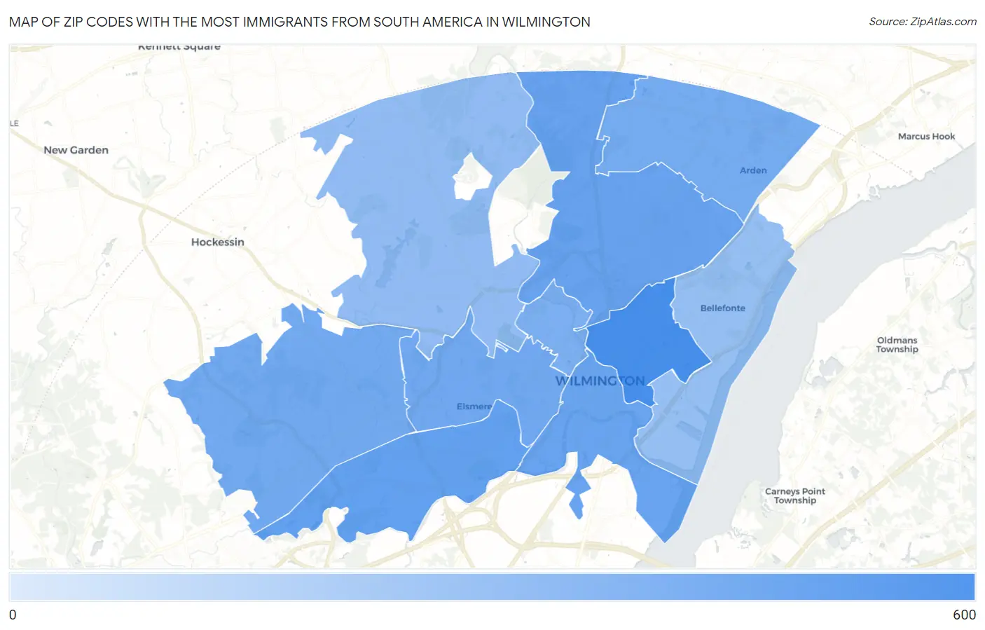 Zip Codes with the Most Immigrants from South America in Wilmington Map