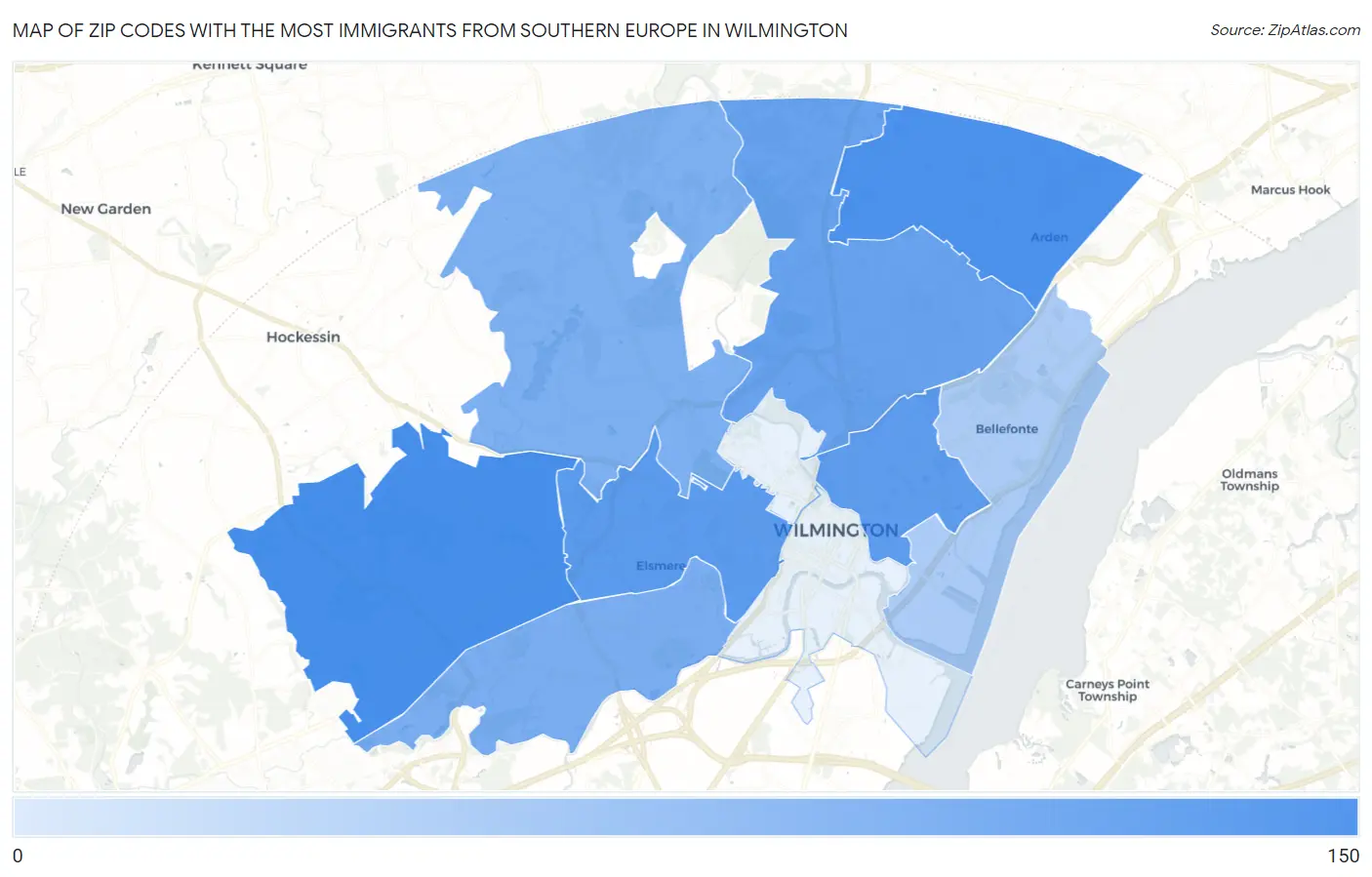 Zip Codes with the Most Immigrants from Southern Europe in Wilmington Map