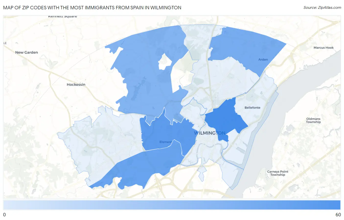 Zip Codes with the Most Immigrants from Spain in Wilmington Map