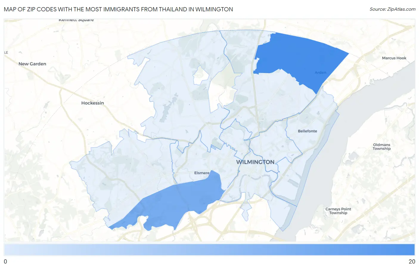 Zip Codes with the Most Immigrants from Thailand in Wilmington Map