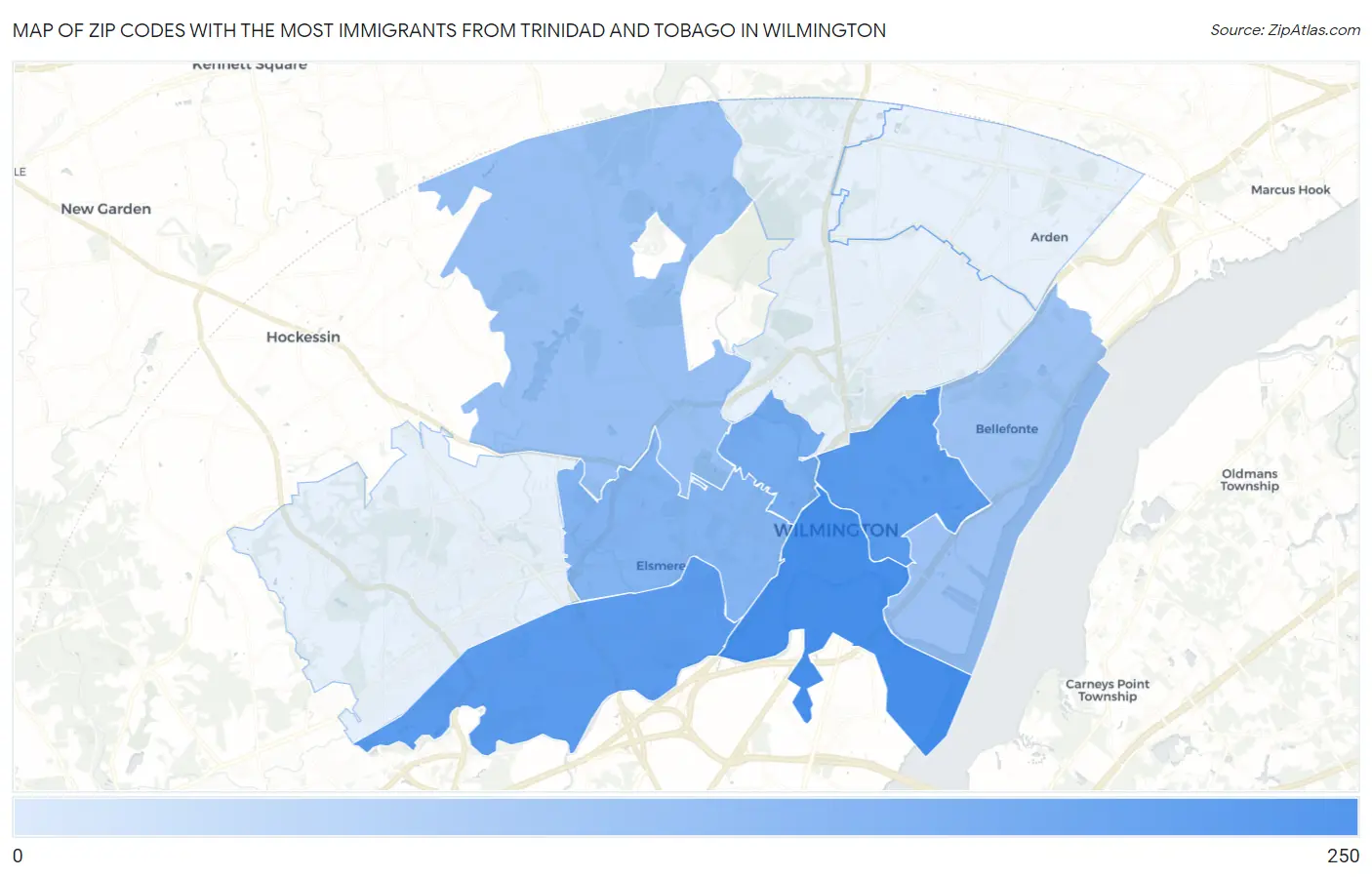 Zip Codes with the Most Immigrants from Trinidad and Tobago in Wilmington Map