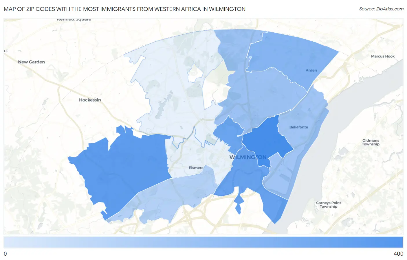 Zip Codes with the Most Immigrants from Western Africa in Wilmington Map
