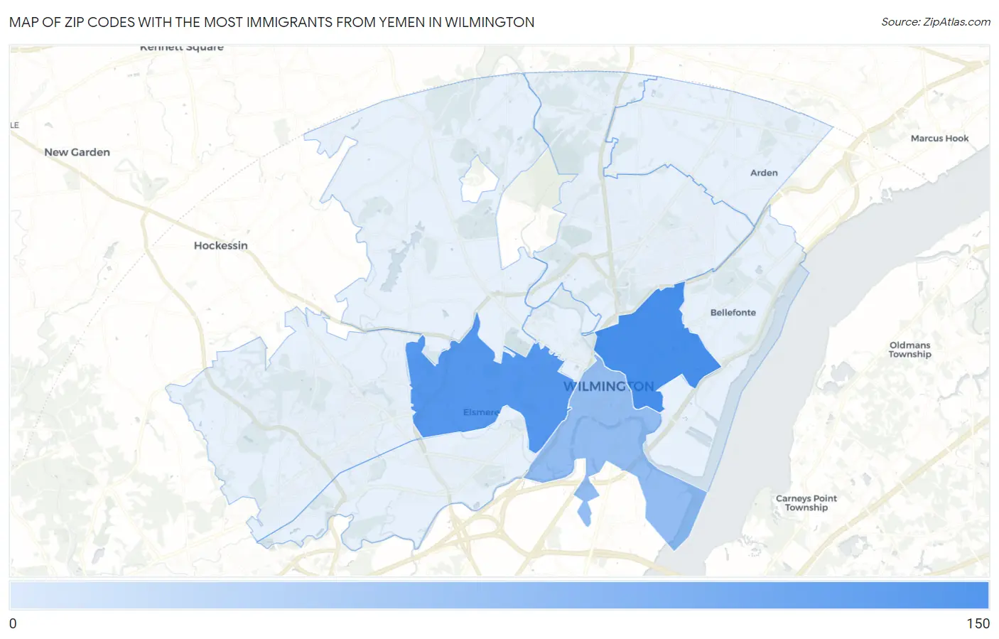 Zip Codes with the Most Immigrants from Yemen in Wilmington Map