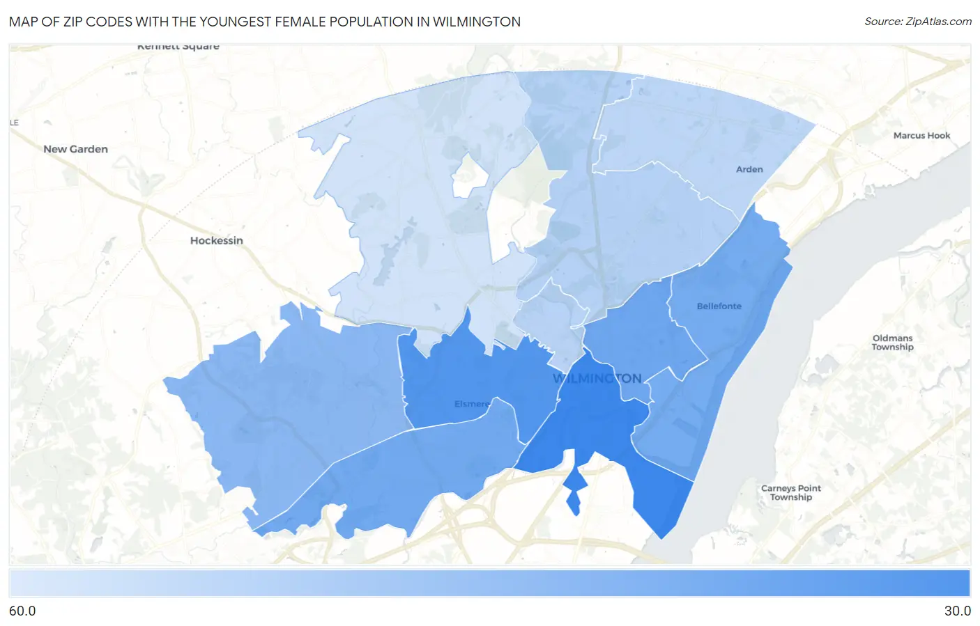 Zip Codes with the Youngest Female Population in Wilmington Map