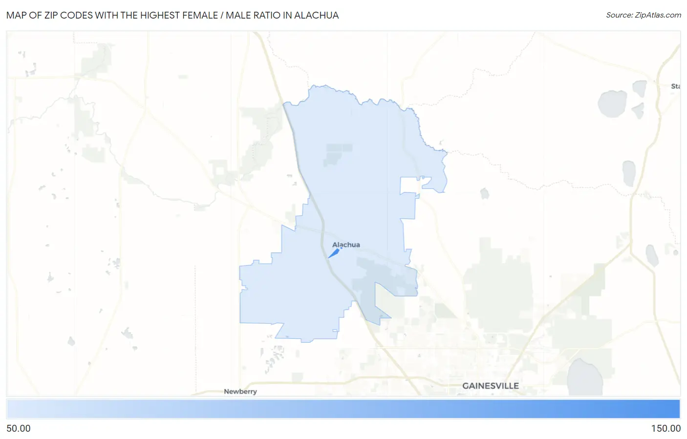 Zip Codes with the Highest Female / Male Ratio in Alachua Map
