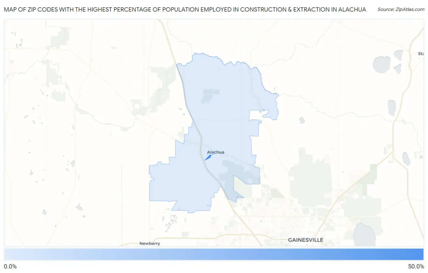 Zip Codes with the Highest Percentage of Population Employed in Construction & Extraction in Alachua Map