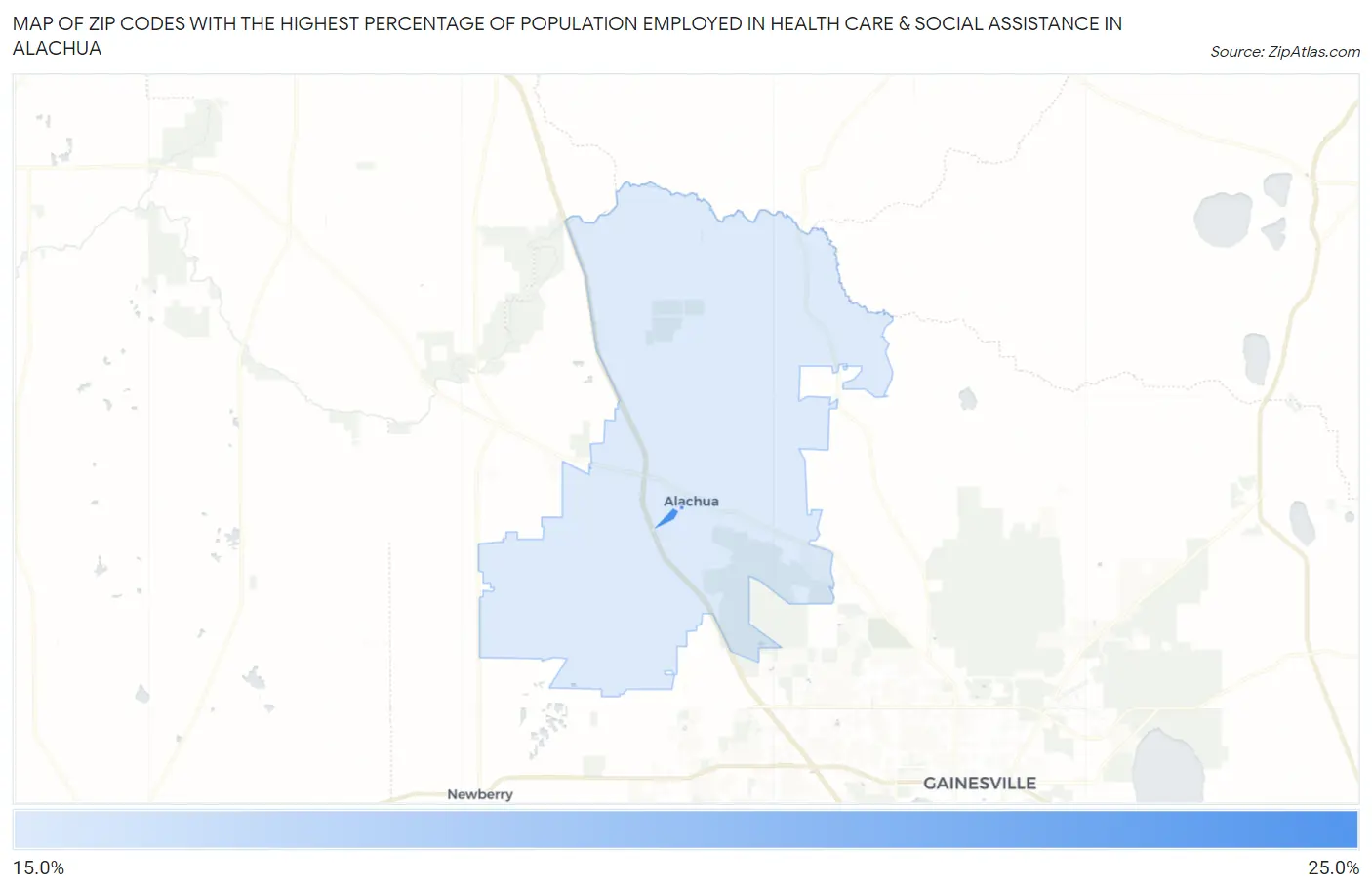 Zip Codes with the Highest Percentage of Population Employed in Health Care & Social Assistance in Alachua Map