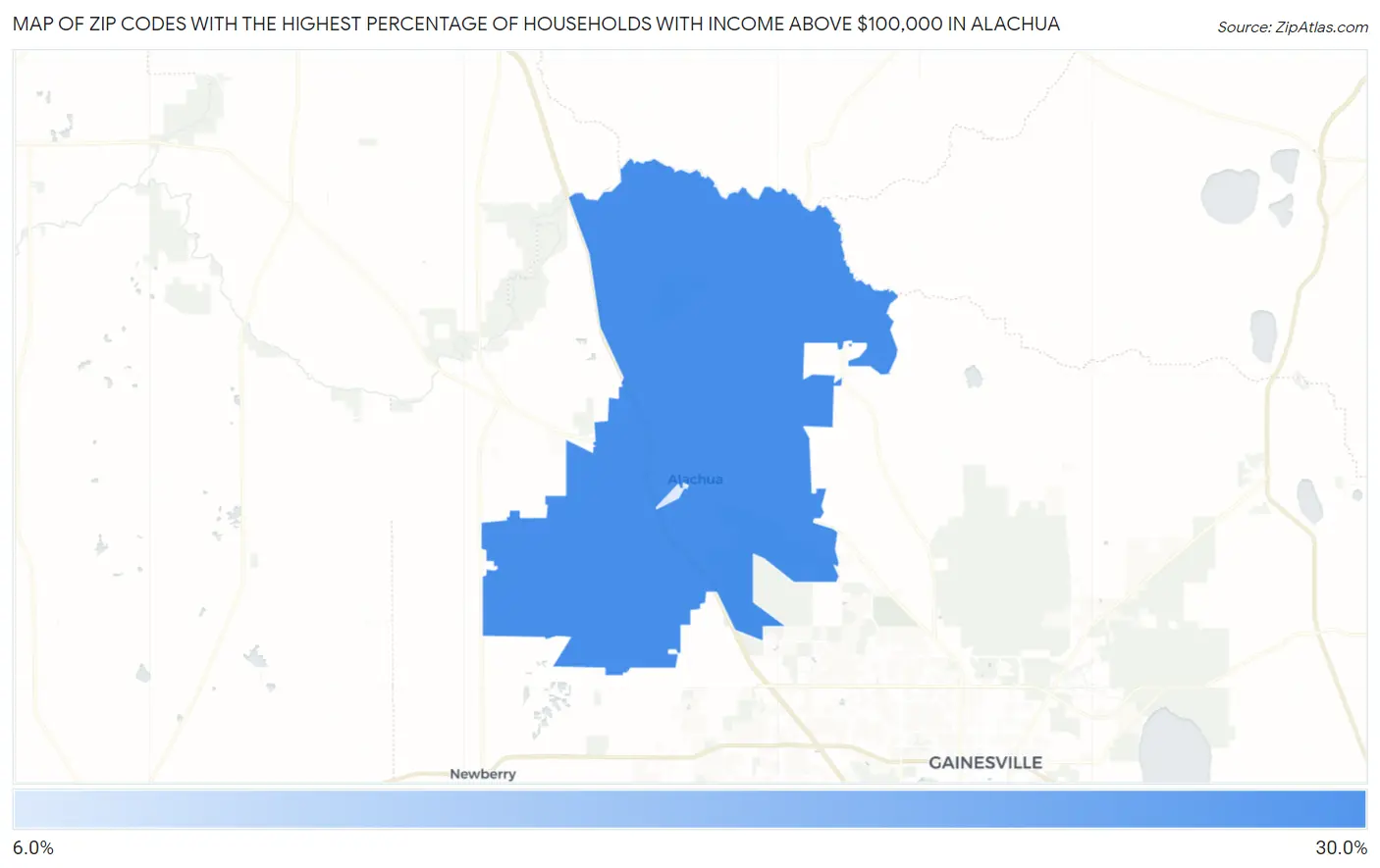 Zip Codes with the Highest Percentage of Households with Income Above $100,000 in Alachua Map