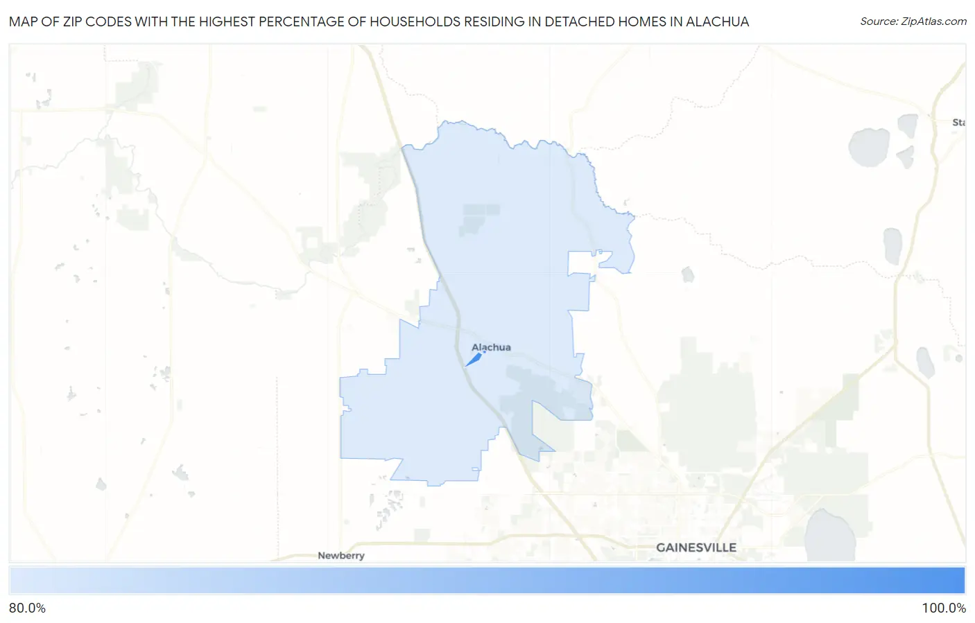 Zip Codes with the Highest Percentage of Households Residing in Detached Homes in Alachua Map
