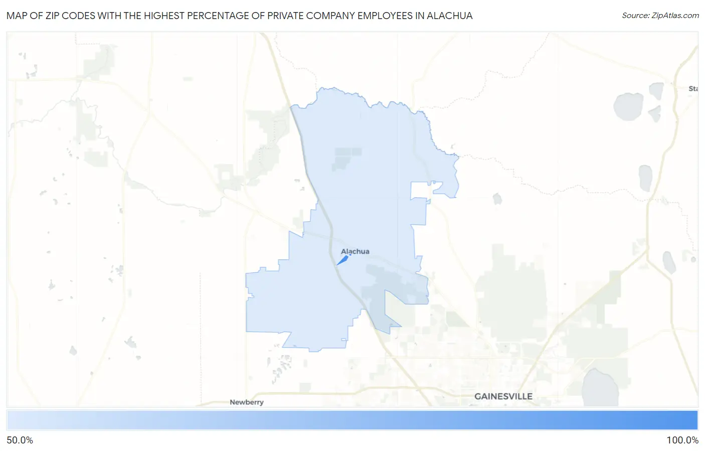 Zip Codes with the Highest Percentage of Private Company Employees in Alachua Map