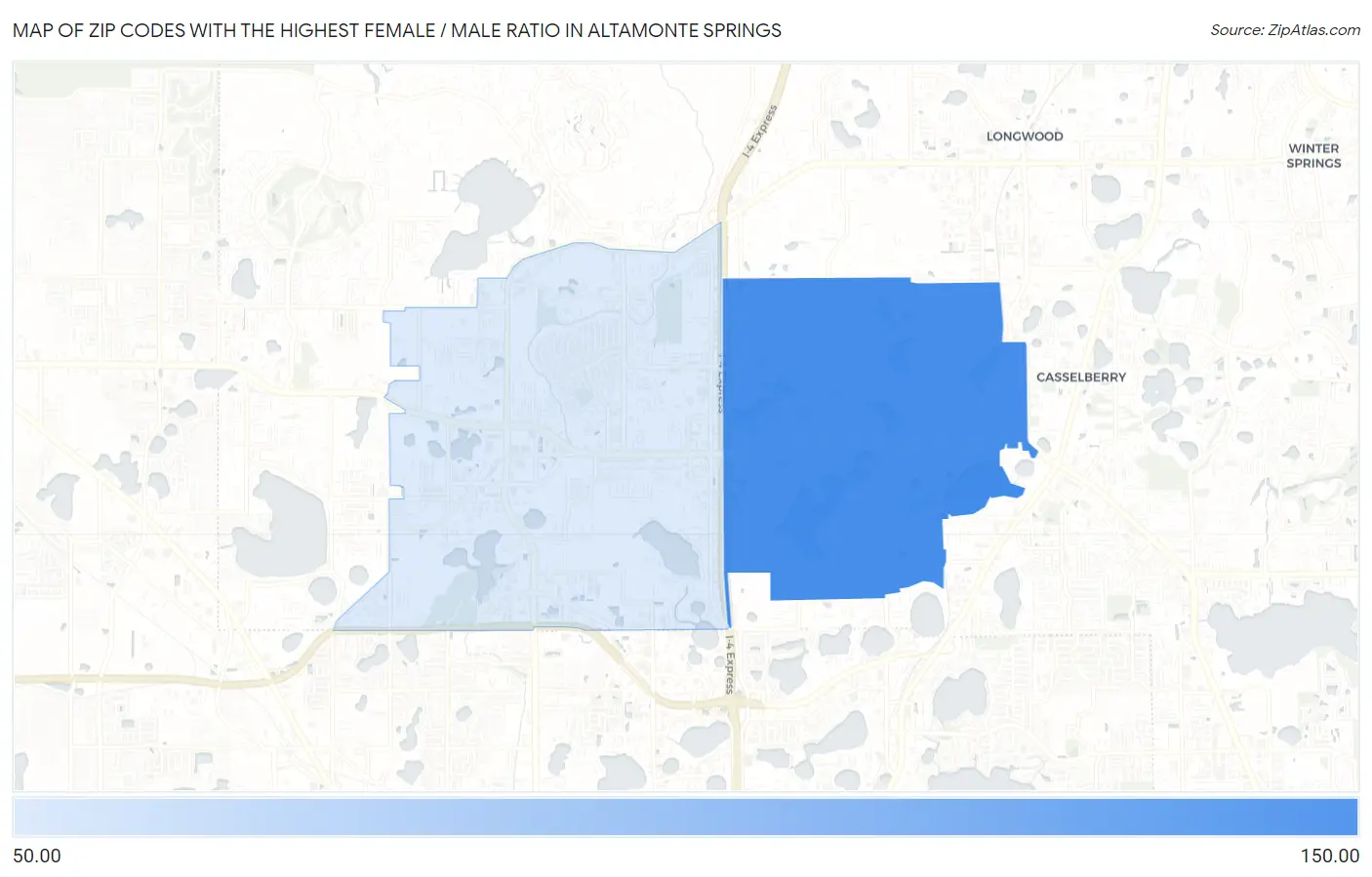 Zip Codes with the Highest Female / Male Ratio in Altamonte Springs Map