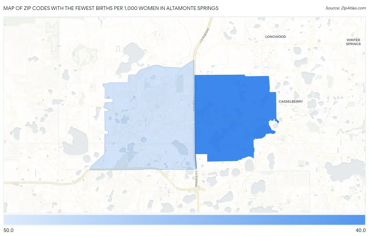 Zip Codes with the Fewest Births per 1,000 Women in Altamonte Springs Map
