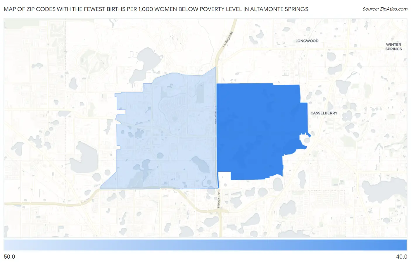 Zip Codes with the Fewest Births per 1,000 Women Below Poverty Level in Altamonte Springs Map