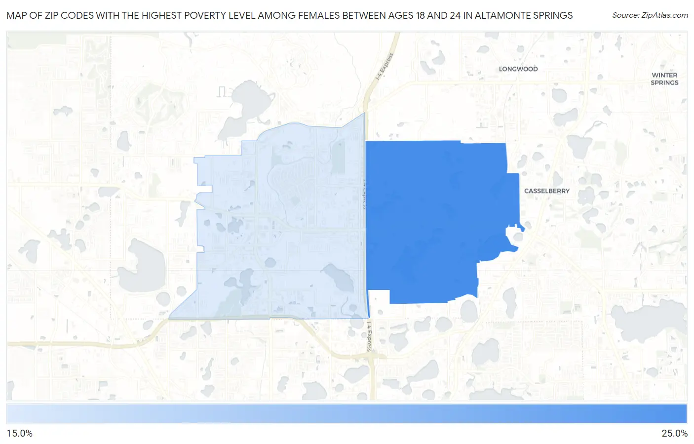 Zip Codes with the Highest Poverty Level Among Females Between Ages 18 and 24 in Altamonte Springs Map