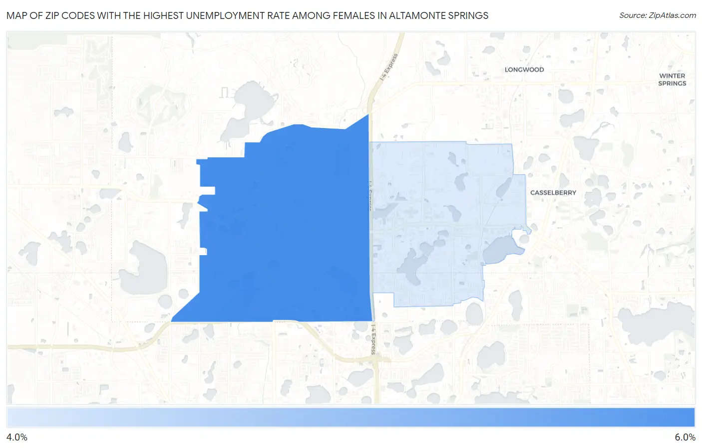 Zip Codes with the Highest Unemployment Rate Among Females in Altamonte Springs Map