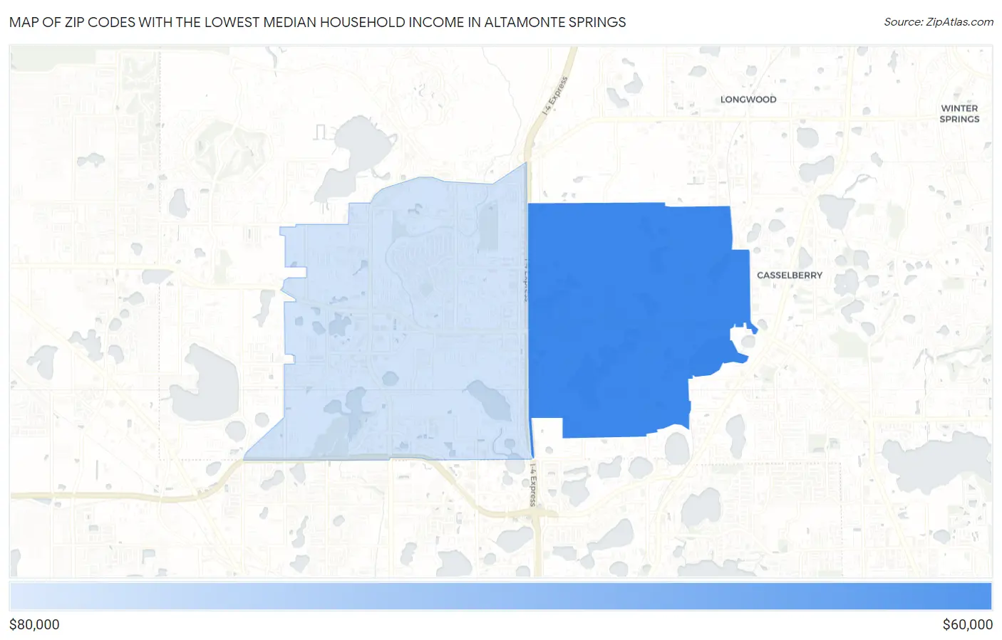 Zip Codes with the Lowest Median Household Income in Altamonte Springs Map