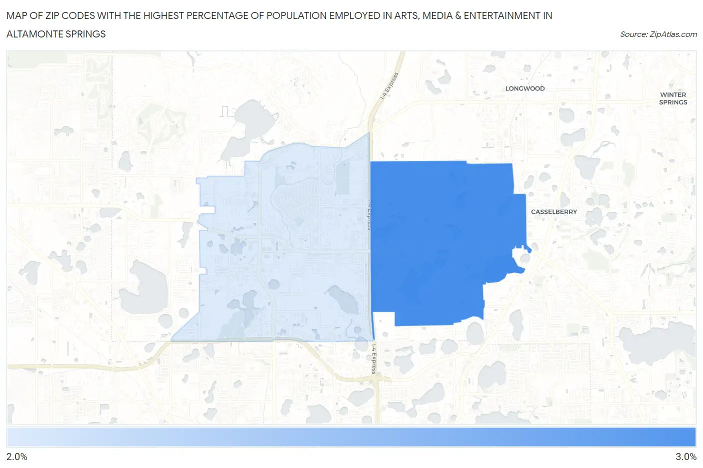 Zip Codes with the Highest Percentage of Population Employed in Arts, Media & Entertainment in Altamonte Springs Map