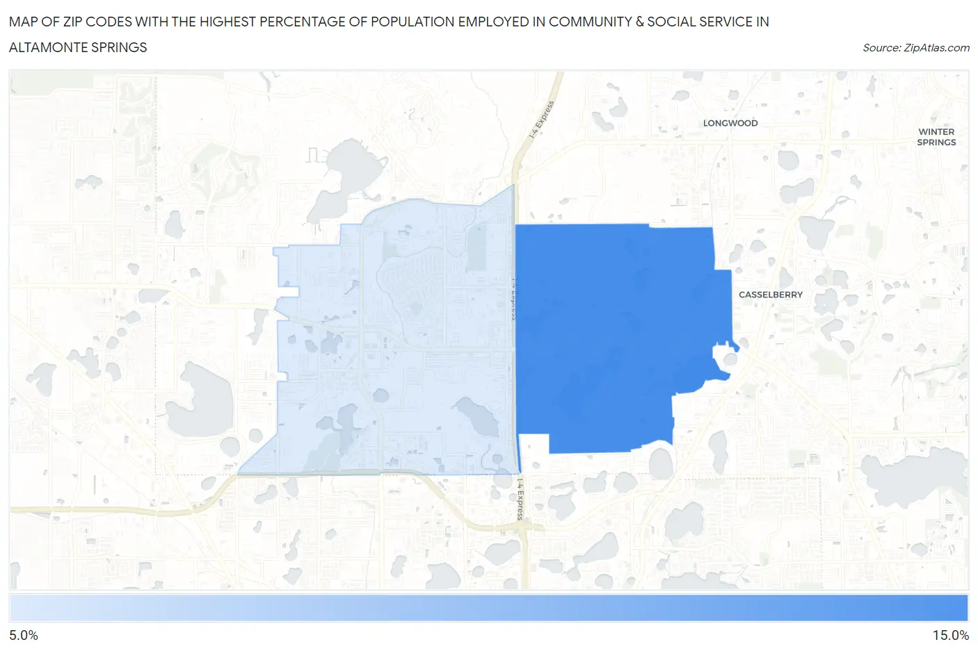 Zip Codes with the Highest Percentage of Population Employed in Community & Social Service  in Altamonte Springs Map