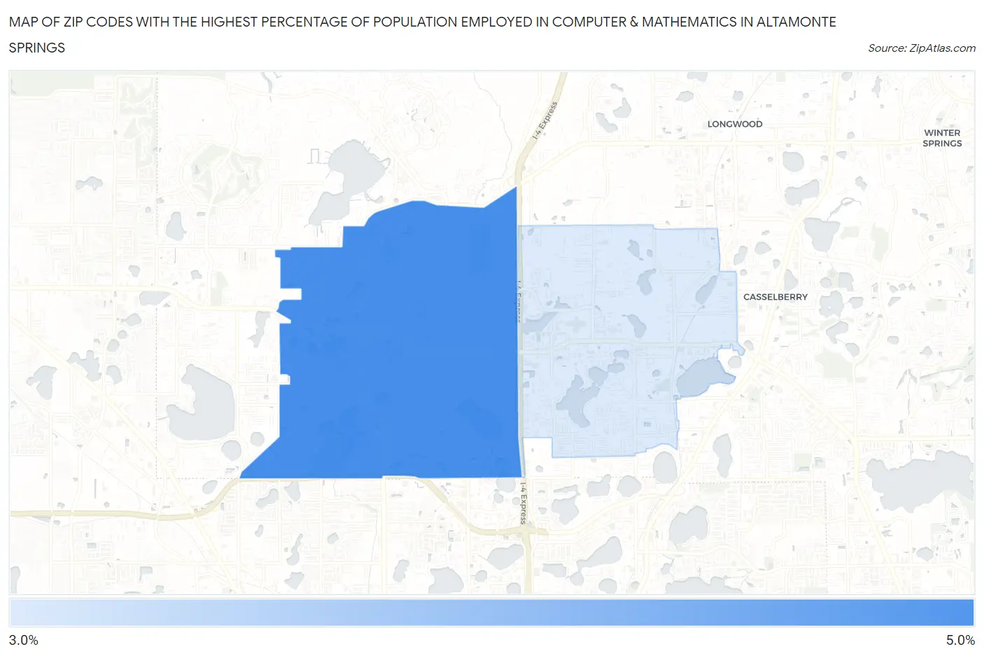 Zip Codes with the Highest Percentage of Population Employed in Computer & Mathematics in Altamonte Springs Map
